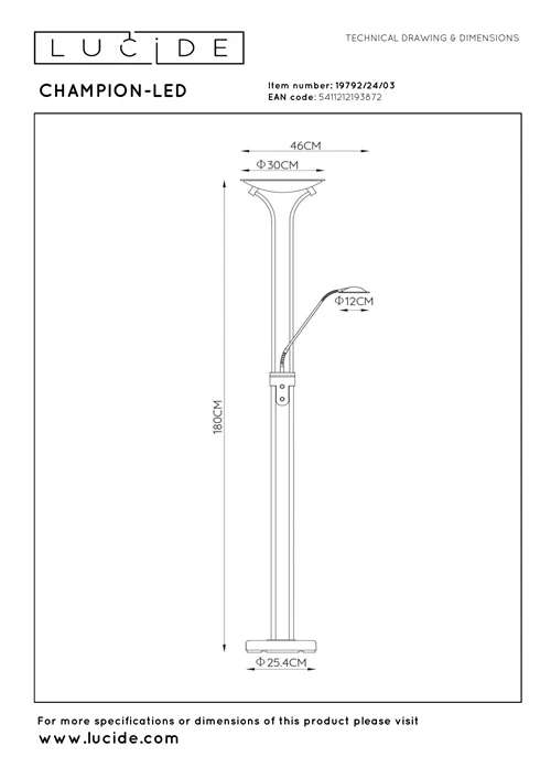 Lucide CHAMPION-LED - Stehlampe Mit Leselampe - LED Dim. - 3000K - Bronzefarbe - technisch